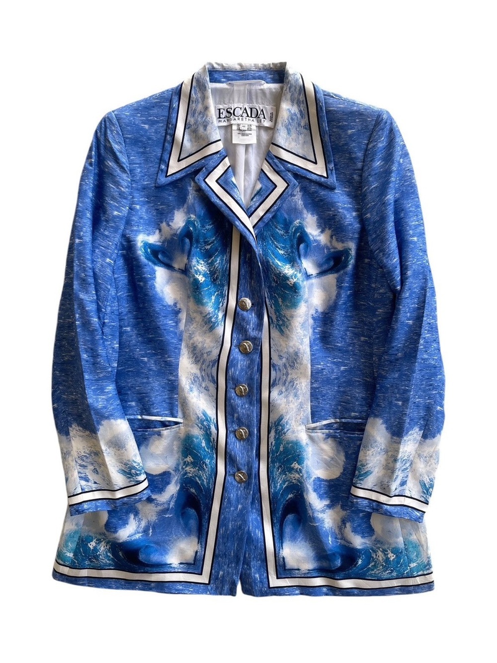 Escada Blue Wave Print Silk Blazer Dolphin 38